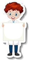 Cartoon character sticker with scientist boy gown holding empty banner vector