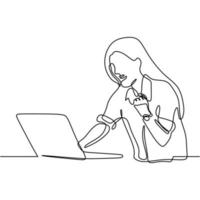 woman feel happy with laptop continuous line drawing vector