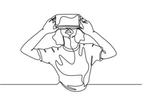 VR one line drawing, woman using virtual reality vector