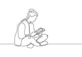 Girl reading book one line drawing vector