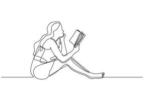 Young girl woman reading book one line drawing vector