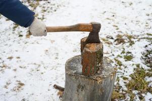 Axe hatchet cut wood winter photo