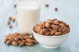 Almonds In White Bowl With Glass of Milk