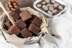 close up Chocolate brownie cake, dessert with milk photo