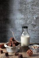 Chocolate brownie cake, dessert with milk photo