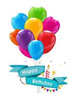 Plantilla de tarjeta de feliz cumpleaños con globos, cinta y vela vector