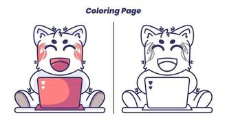 cat working with laptop with coloring page vector