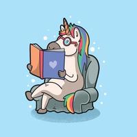 cute unicorn rainbow reading book illustration vector