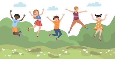 Five happy children jumping for joy on the background of mountains - vector