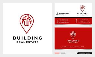 City pin logo, building line art logo and business card template vector