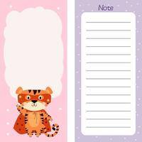 planificador semanal o diario, papel de notas con un lindo tigre con capa roja vector