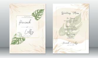 Wedding invitation card template with golden frame and green leaf vector