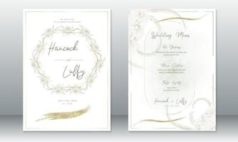 tarjeta de invitación de boda con marco dorado y corona floral vector