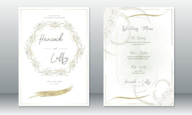 Wedding invitation card with golden frame and floral wreath