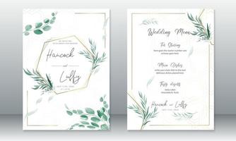 Wedding invitation card template with green leaf vector