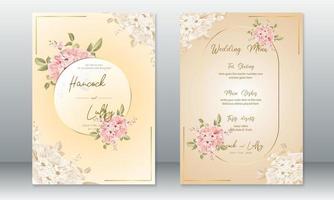 tarjeta de invitación de boda de lujo con marco dorado y ramo de rosas vector