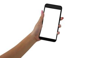 Hand woman holding smart phone on the white background. photo