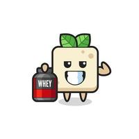 the muscular tofu character is holding a protein supplement vector