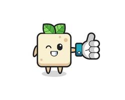 lindo tofu con símbolo de pulgar hacia arriba en las redes sociales vector