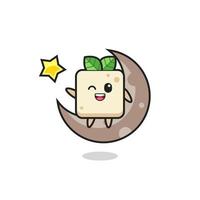 illustration of tofu cartoon sitting on the half moon vector