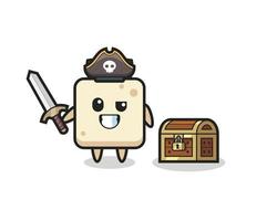 el personaje pirata de tofu sosteniendo la espada junto a un cofre del tesoro vector
