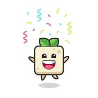 feliz mascota de tofu saltando de felicitación con confeti de colores vector