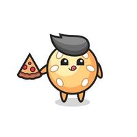 cute sesame ball cartoon eating pizza vector