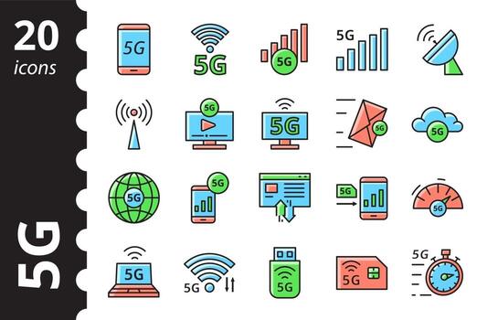 5G technology icons set. New mobile network, high speed connection. vector