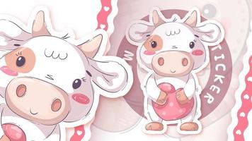 Pretty cartoon character animal cow with heart - sticker vector