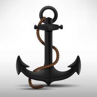 Realistic Black Steel Anchor with brown rope. Vector illustration