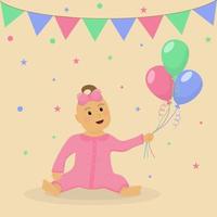 Baby girl sitting with air balloons. Little girl's birthday party. vector