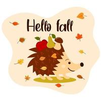 Hello fall with cute hedgehog, autumn leaves, apple, pear, mushroom. vector