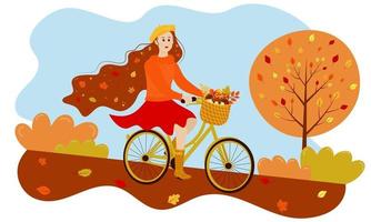 Autumn girl rides a bicycle in the park. vector