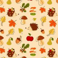 Seamless pattern with hedgehog, acorns, pear, mushrooms, leaves vector
