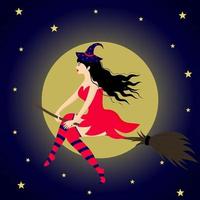 Beautiful witch flying on a broom against the background of the moon. vector