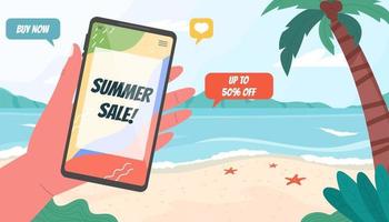 banner de web de venta de verano. La mano sostiene el teléfono inteligente en el fondo de la playa vector