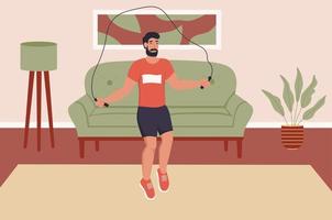 A young man jumps on a rope. Sports at home vector