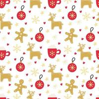 Seamless pattern with gingerbread, Christmas baubles and snowflakes vector