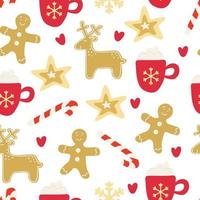 Navidad de patrones sin fisuras con pan de jengibre, capuchino, bastones de caramelo