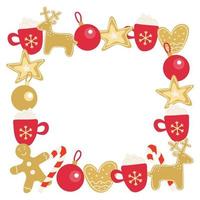 Square frame with Christmas baubles, gingerbread and hot drinks