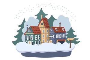 Winter town. Cozy houses surrounded by forest and snowdrift