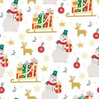 Seamless pattern with snowman, Santa's sleigh with Christmas gifts vector