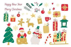 Christmas set with gift boxes, sweets, drinks, Santa and snowman vector