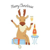 Greeting card or poster with a cute cheerful deer drinking champagne vector