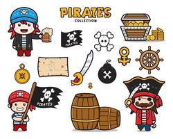 conjunto de colección de piratas lindos y equipo de ilustración de dibujos animados vector