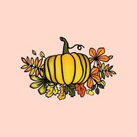 Pumpkin in yellow leaves hand drawn ilustration vector