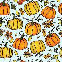 Fall pumkin htanksgiving seamless pattern on light blue background vector