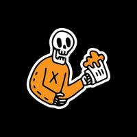Skeleton holding glass of beer illustration. Vector for t-shirt