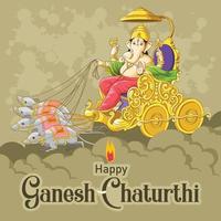 Ganesh Chaturthi wishes with Ganesh riding mouse chariot over clouds vector