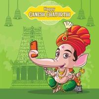 Happy Ganesh clicking selfie on temple background vector